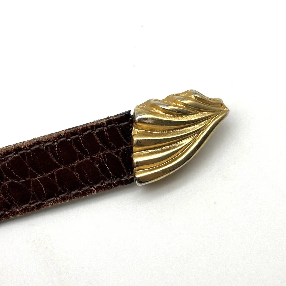 1980s Streets Ahead 32920 Brown Croc Emboss Leather Horsehead Skinny Belt L 34